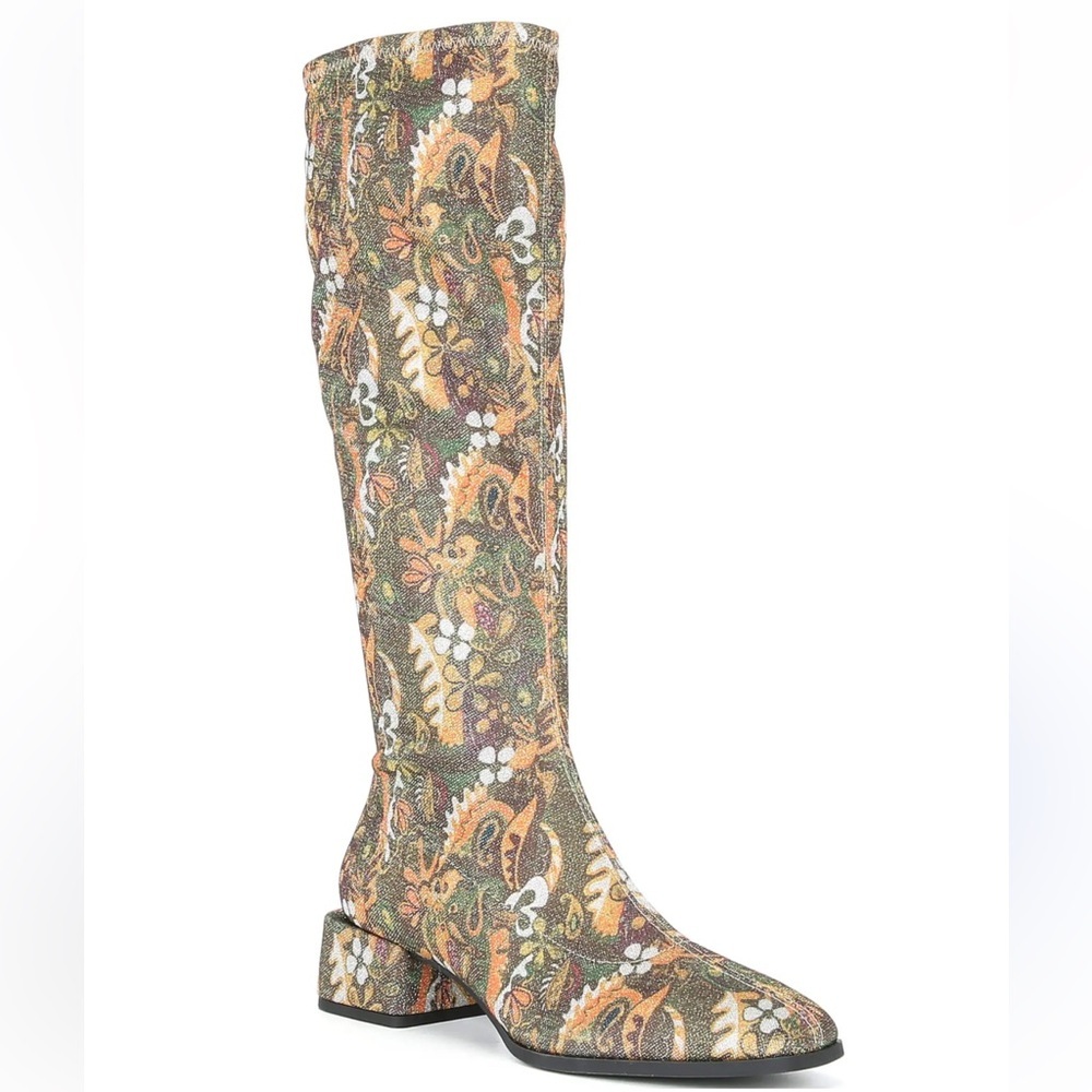Zayla Shimmer Gold Olive Purple Hippie Floral Print Tapestry Boots NEW Festival